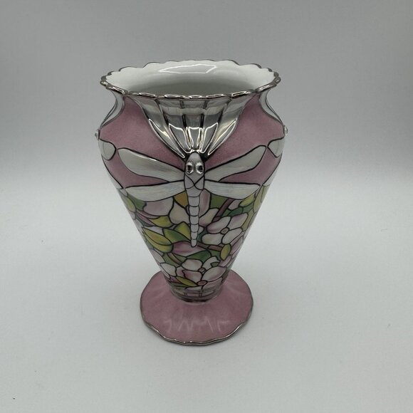 VTG Louis Tiffany Bradford Exchange Glittering Dragonflies Porcelain Vase Pink - Picture 3 of 9